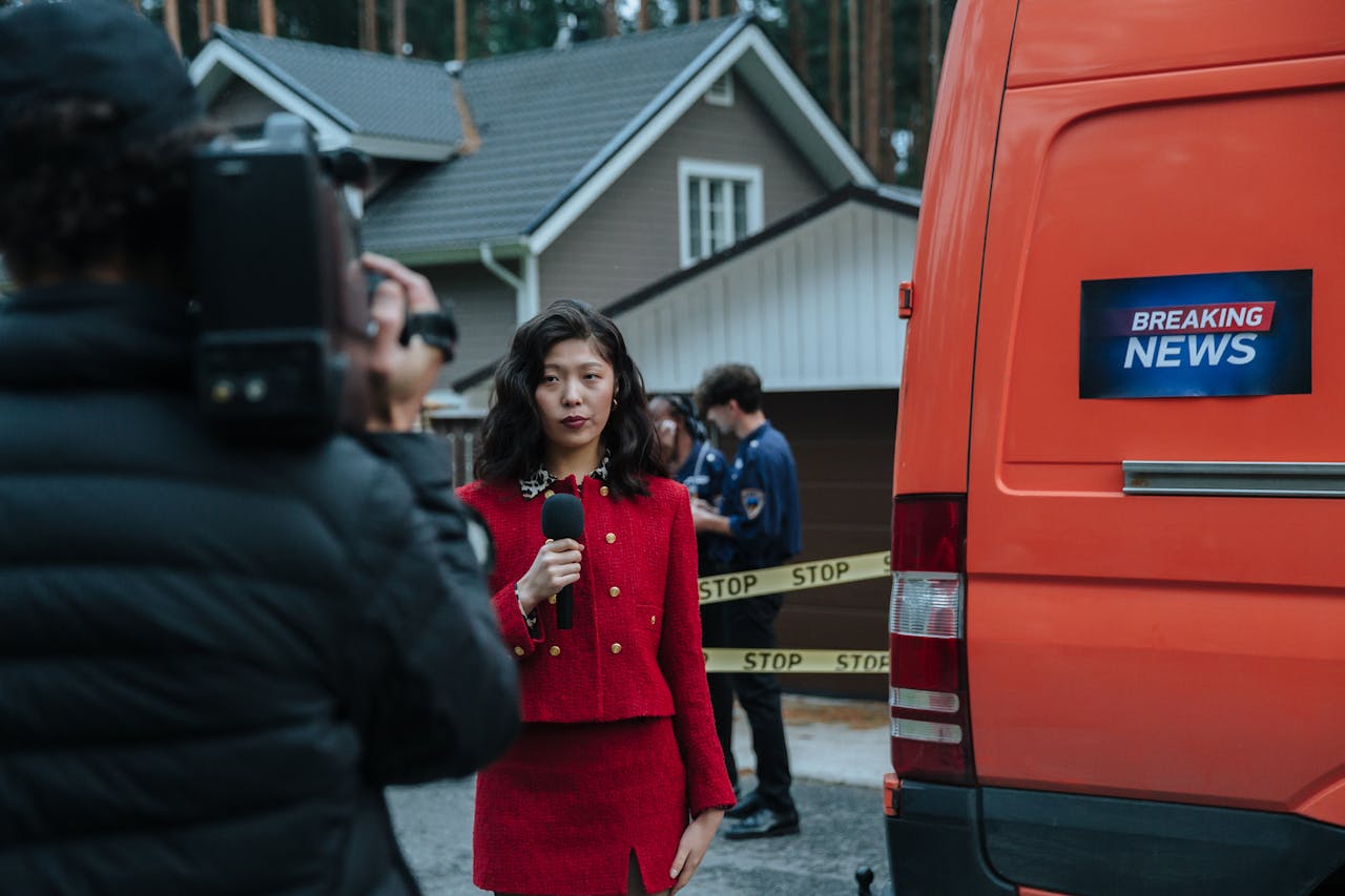 Female reporter in red with microphone reporting live at an outdoor crime scene with a news van.